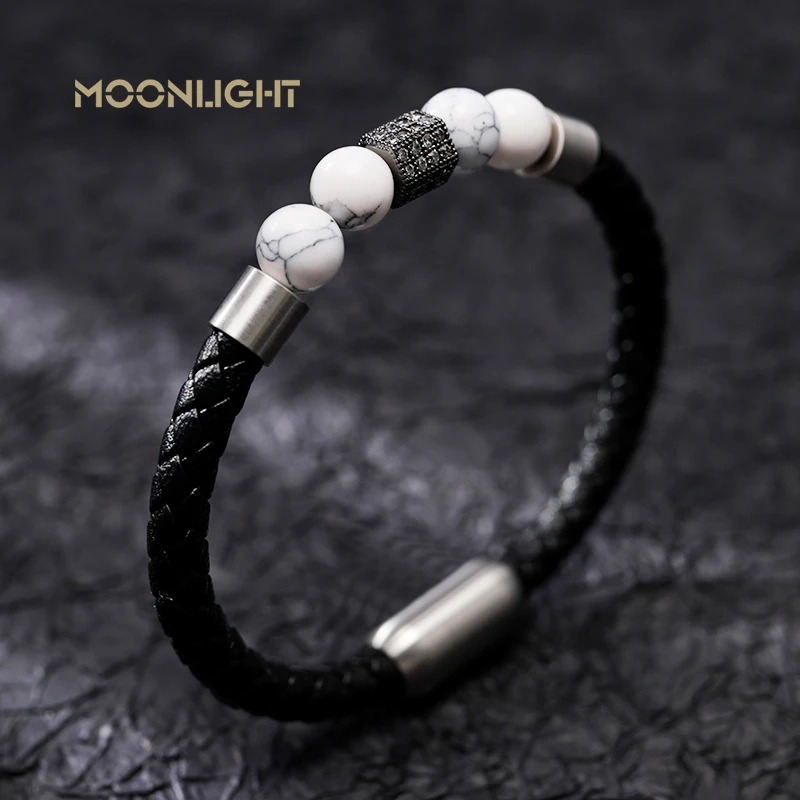 Classic Special Style Genuine Braided Leather Bracelet for Man Black White Natural Stone Beaded Bracelet Fashion Accessories