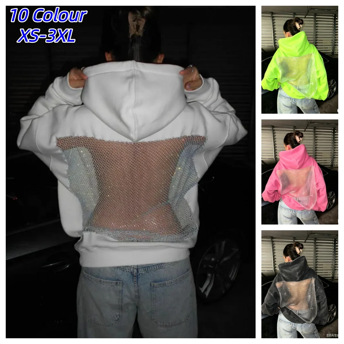 Sudadera con capucha de malla hueca sexy estilo gótico para otoño, ropa Y2K, moda femenina, jersey translúcido de calle, chaqueta informal de manga larga