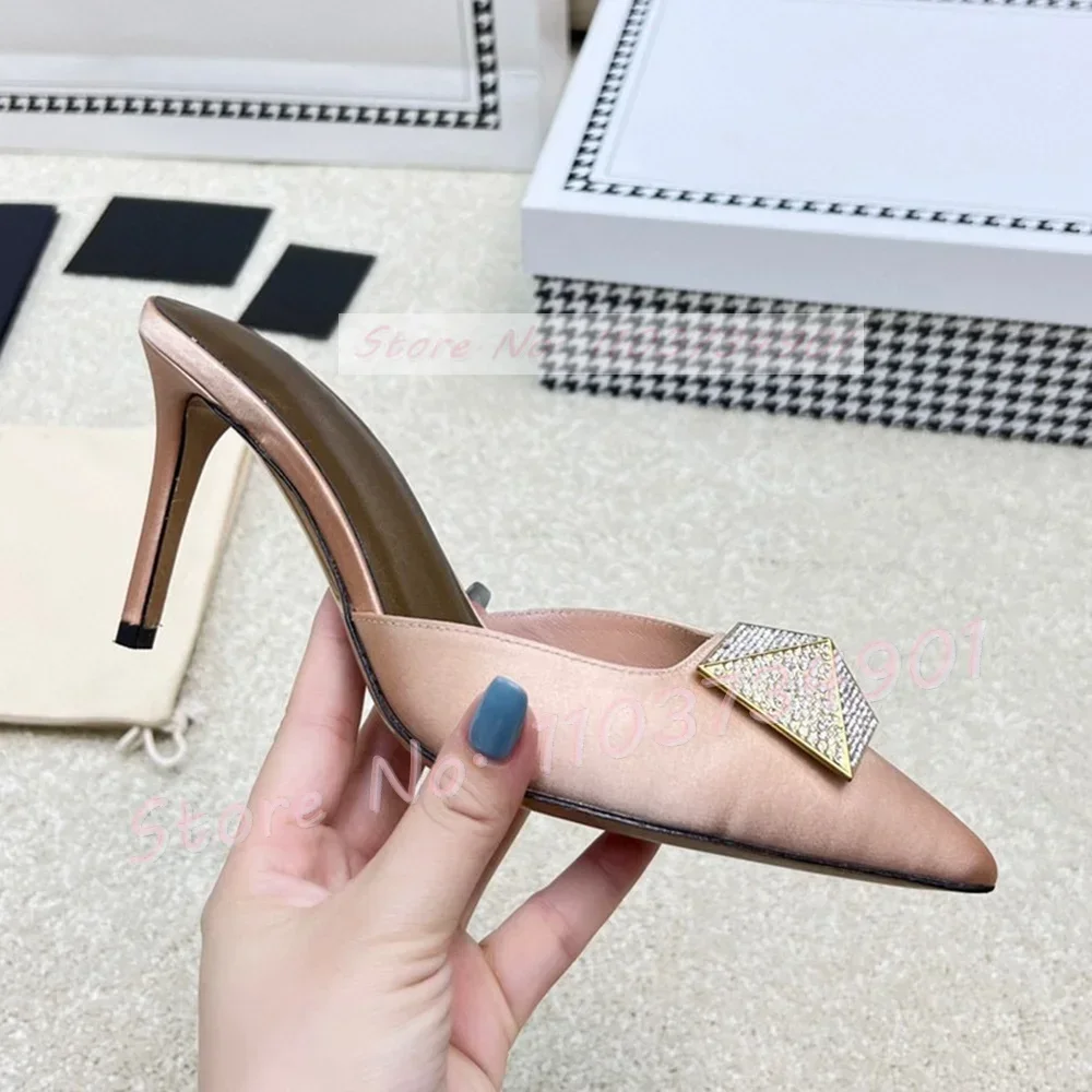 

Big Rivets Crystals High Heels Slippers Female Elegant Outdoor Satin Rhinestones Shoes Women Luxury Sexy Casual Party Slippers