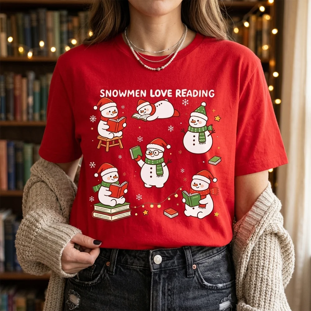 Women Christmas Snowman Reading Graphic T Shirt Cute Holiday Print Short Sleeve Casual Streetwear Top ﻿