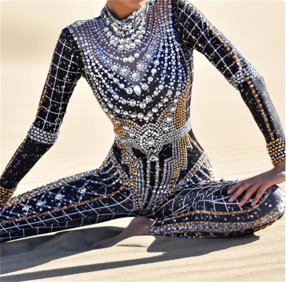 Fashion Printed Spandex Stretch Crystals Jumpsuit Sexy Rhinestones Leggings One Piece Women\'s Stage Costume Nightclub Bar nr