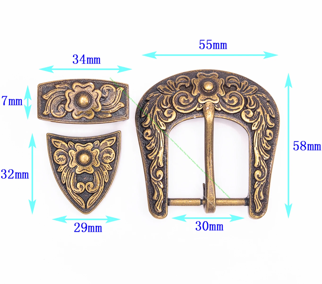 25 30 38mm Vintage Messing Blumen-Gravur Texas Western Cowboy Ranger Rodeo Schlaufen-Spitzen 3-teiliges Set Lederhandwerk Gürtelschnalle – Detail 17