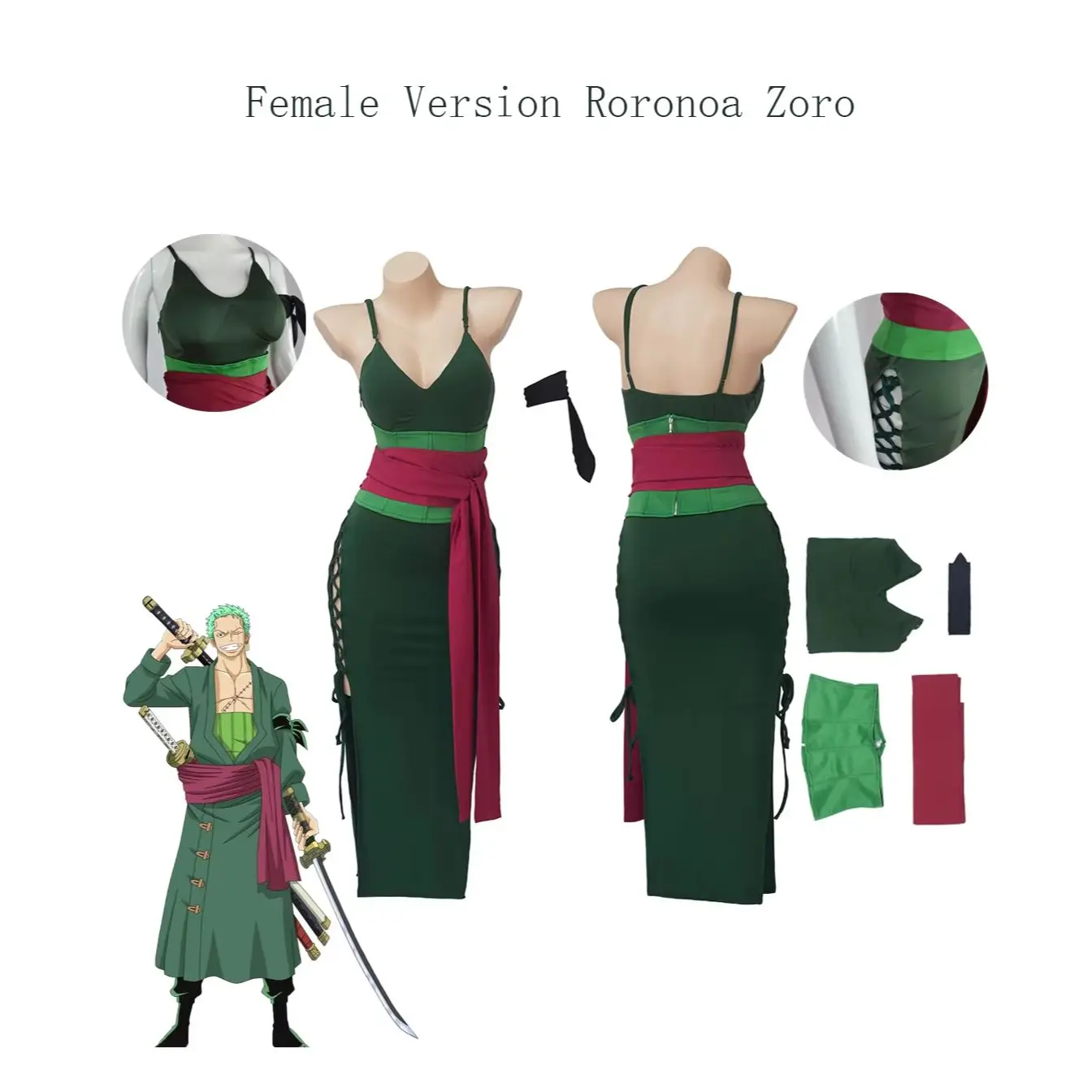 Disfraz de Roronoa Zoro para mujer, vestido largo verde con tirantes finos y faja roja, traje de cosplay de anime para Halloween