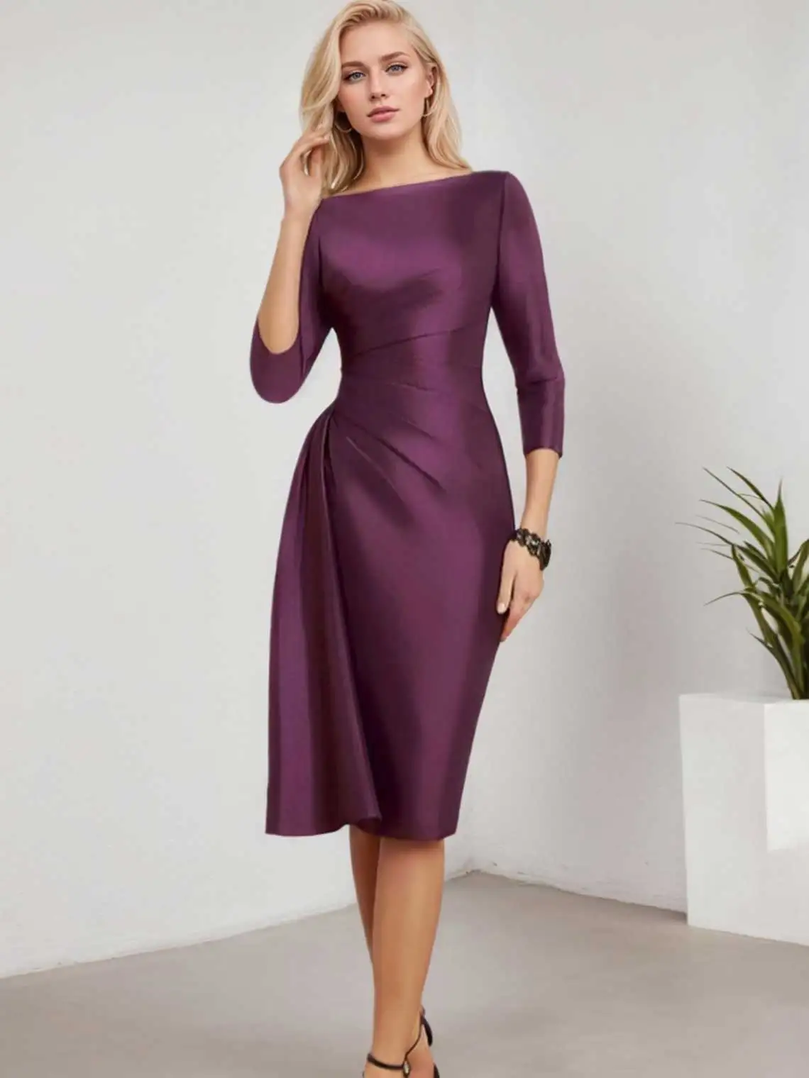 

Elegant Simple Sheath Wedding Guest Dress Satin Boat Neck 3/4 Sleeve Ruffles Knee Length Mother Bride Dress 2025 Free Customized