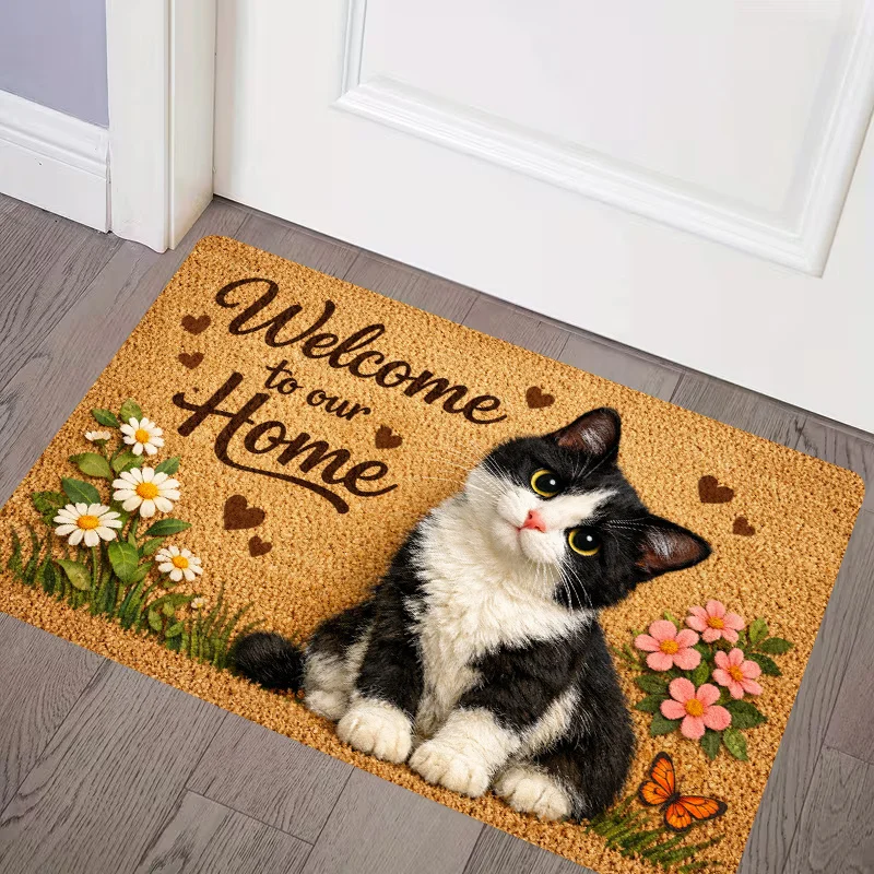 Autumn Season Doormat  Hello Fall Black Cat Mushroom Pumpkin Pattern Rug Farmhouse Style Decor for Household Porch