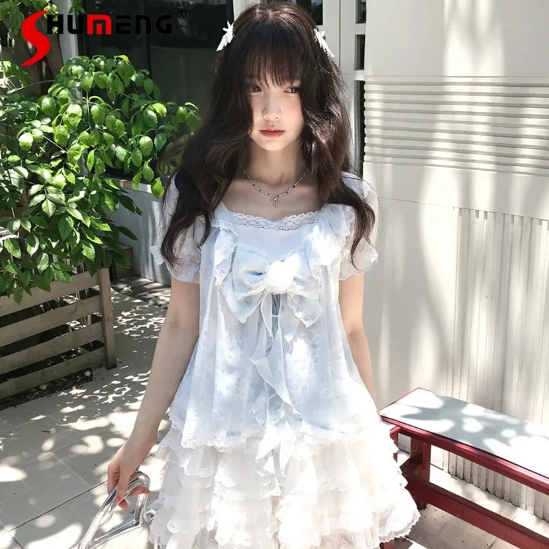 

Fresh Light Blue Floral Square Neck Top Bow Lace Trim Puff Sleeves Loose Short Blouse Sweet Gentle All Match Shirt Daily Wear