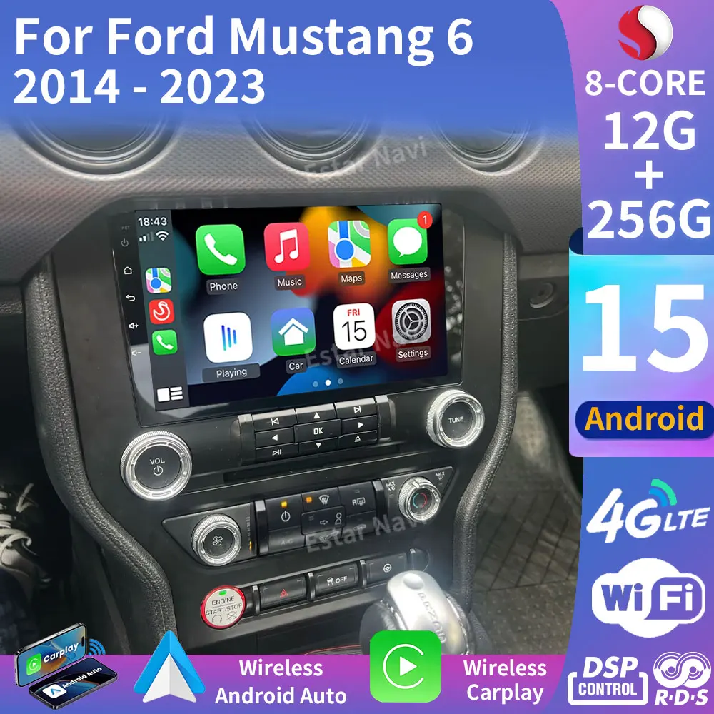Android 15 Carplay For Ford Mustang 6 2014 - 2023 Multimedia Stereo Player Navigation Head Unit BT 2din 8 Core Car Radio 5G WIFI