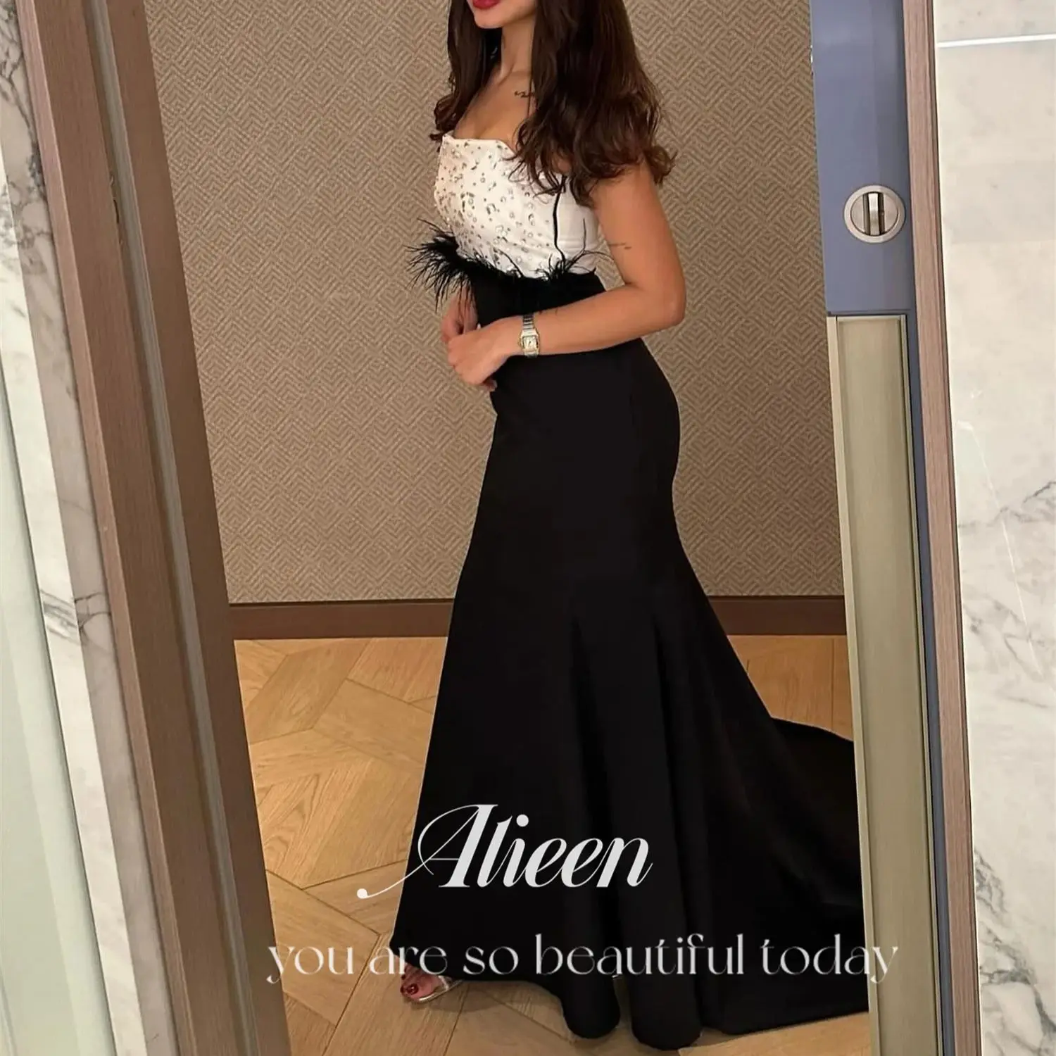 

Aileen Feather Stone Black Customized Elegant Woman Wedding Party Dress Luxury Evening Dresses 2024 Gala Prom Graduation Women