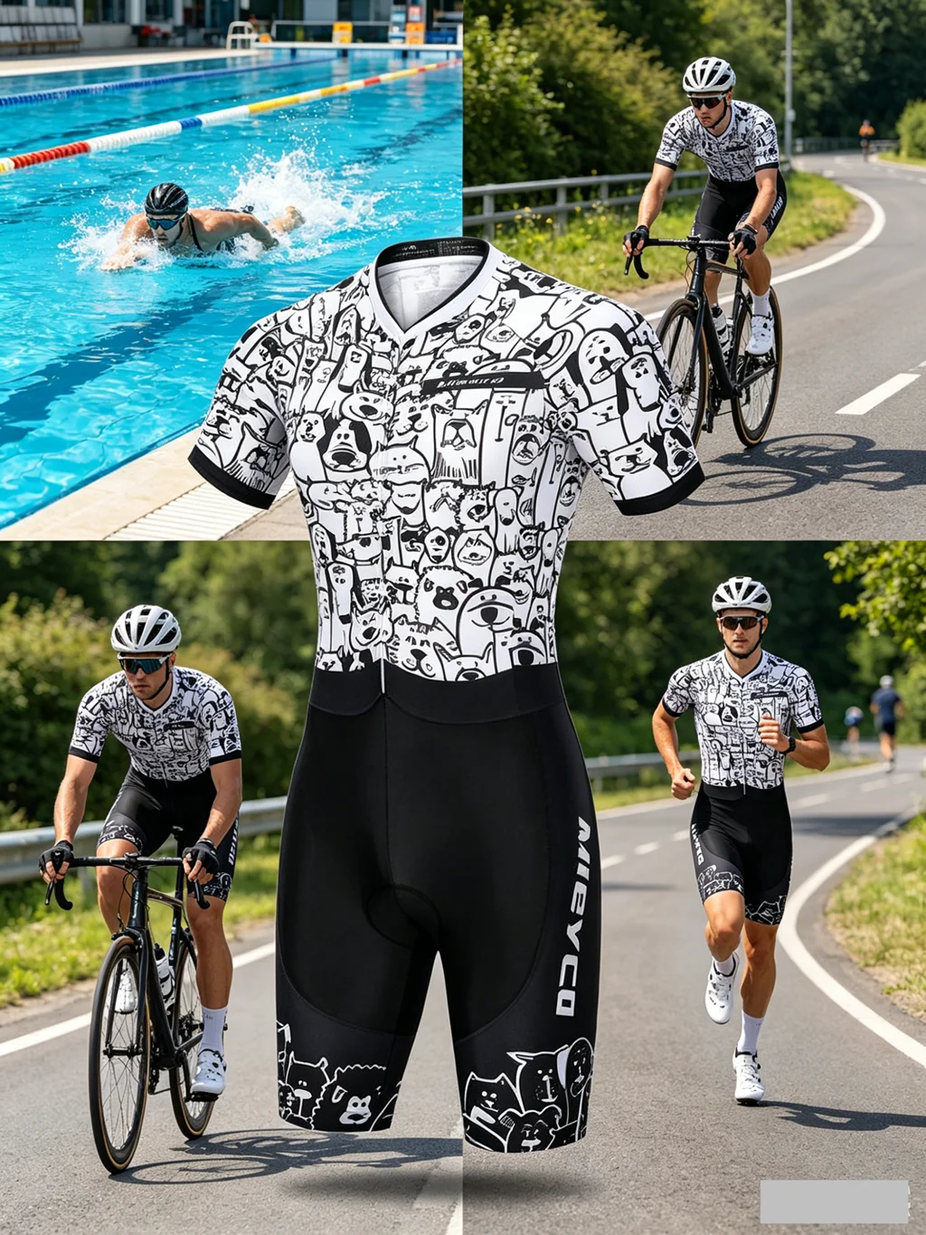 

Men's Triathlon Quick Dry Short Sleeve Puppy Print Tri Suit Breathable One Piece Skinsuit for Bike Swim Run Racing Cycle Jersey
