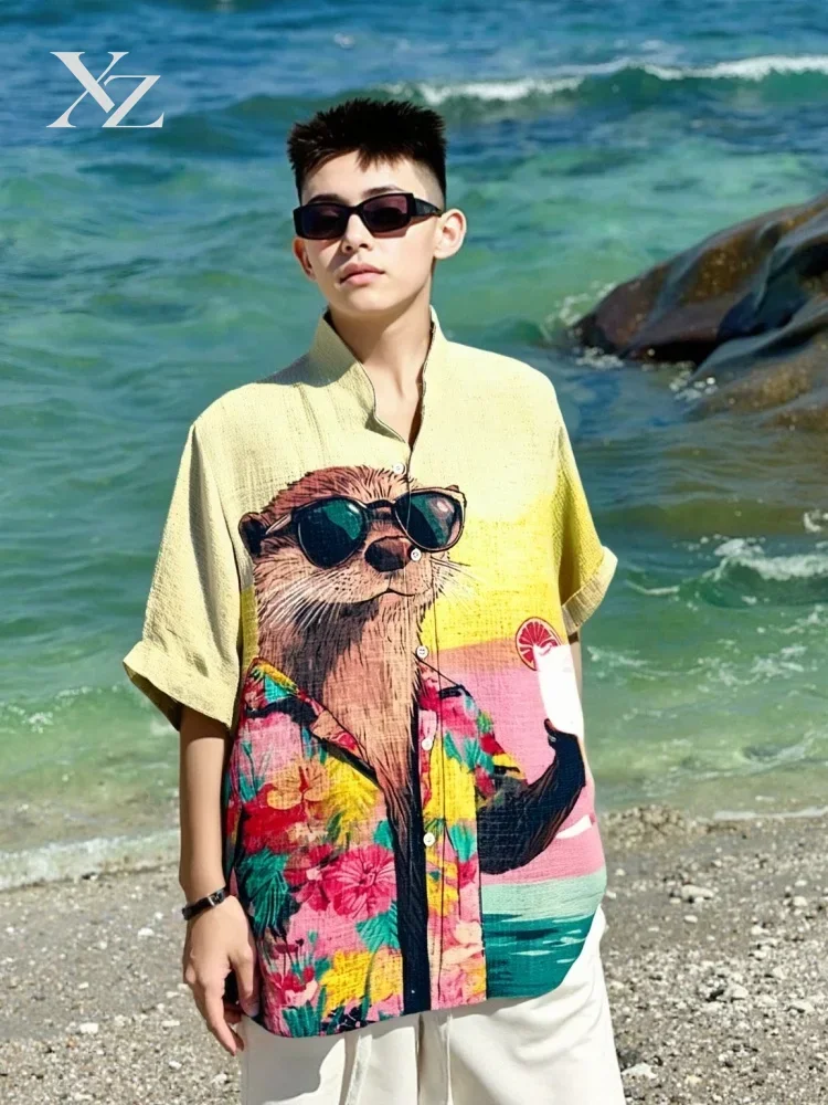 Men's Otter Art Print Casual Shirt Bohemian Vintage Holiday Short Sleeve Lapel Collar Oversized Leisure Vacation Shirt
