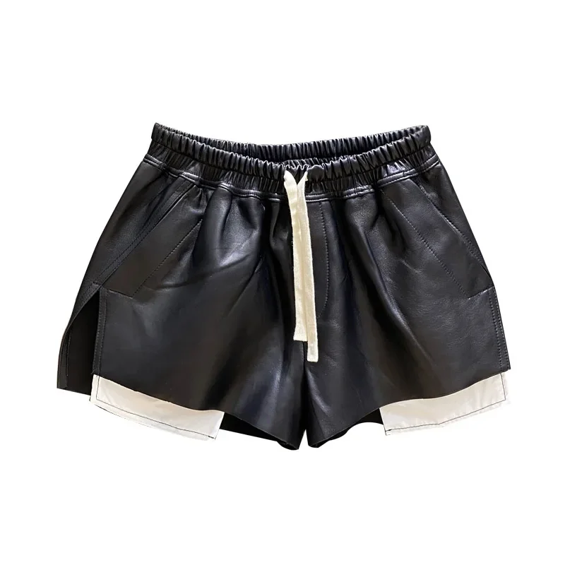 Spring Autumn Fashion Black White Color Matching Drawstring PU Leather Shorts Women\'s Loose Casual Elegant Split Wide-Leg Pants