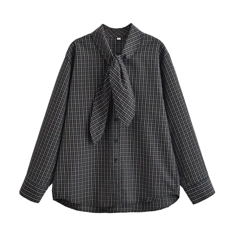 

sleeved plaid scarf shirt Winter new women's fashion versatile long