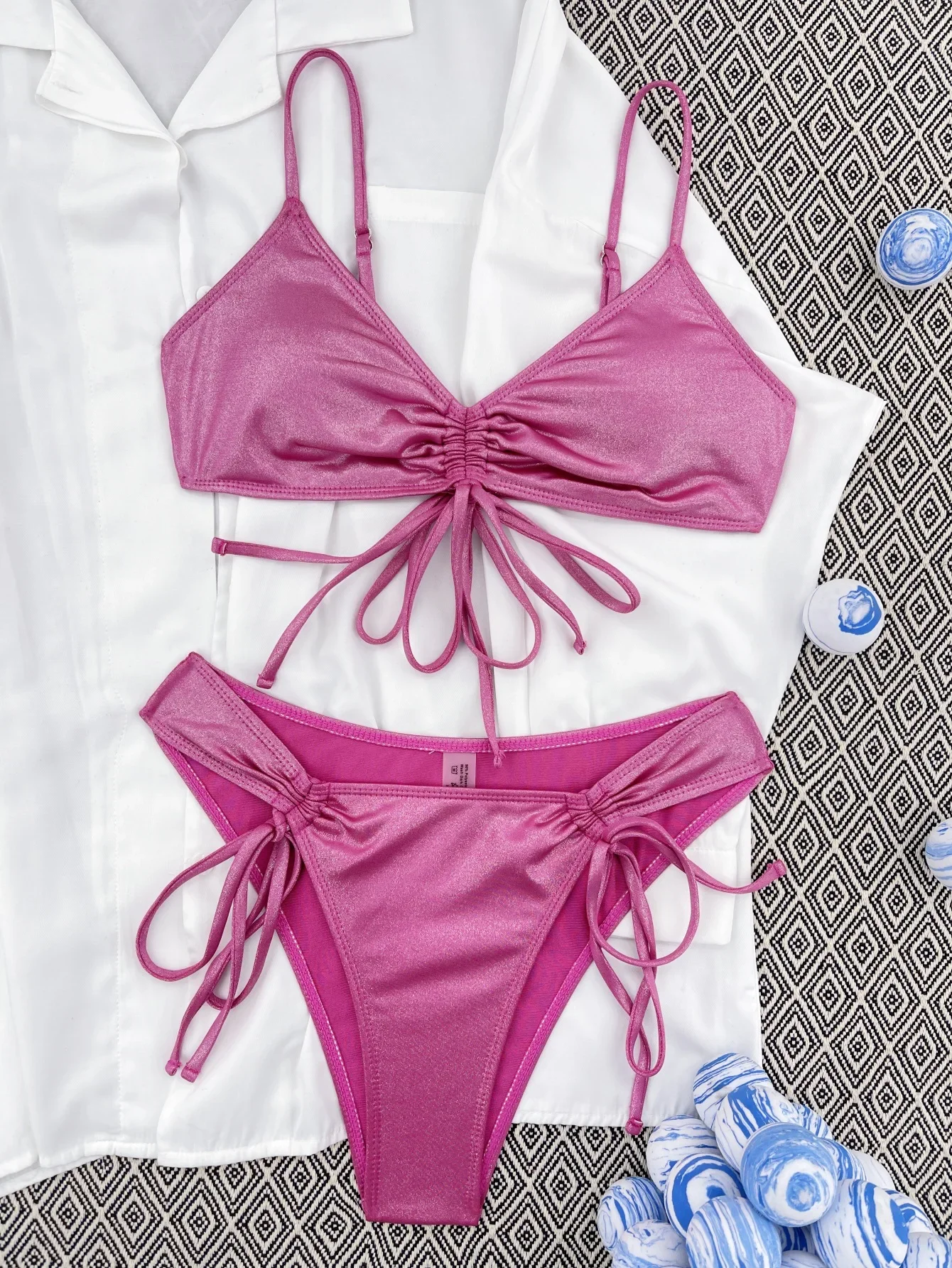

sexy rose red glitter metallic bikinis sets two pieces drawstring tie swimsuit bathing suit beach outfits swimwear biquini