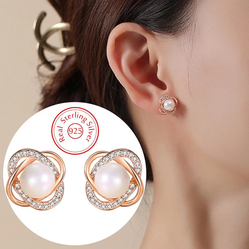 

Genuine 925 Sterling Silver Crystal Jewelry New Cross Circle Pearl Stud Earrings For Women XY0200