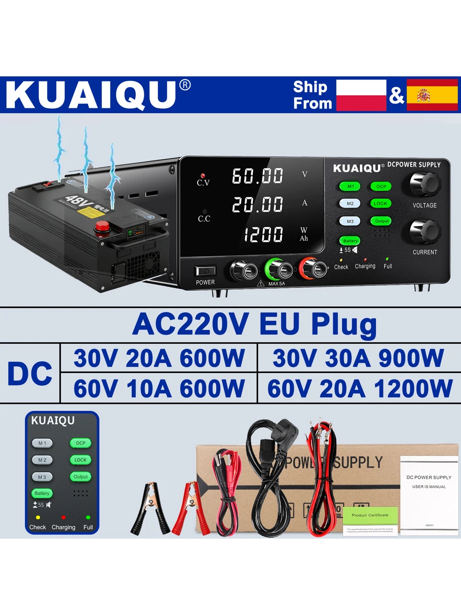 KUAIQU 600W, 900W, 1200W Hochleistungs-DC-Netzteil variabel, 12V, 24V, 30V, 48V, 60V einstellbares geregeltes Netzteil zum Aufladen von Batterien, geeignet für Batterien ohne BMS
