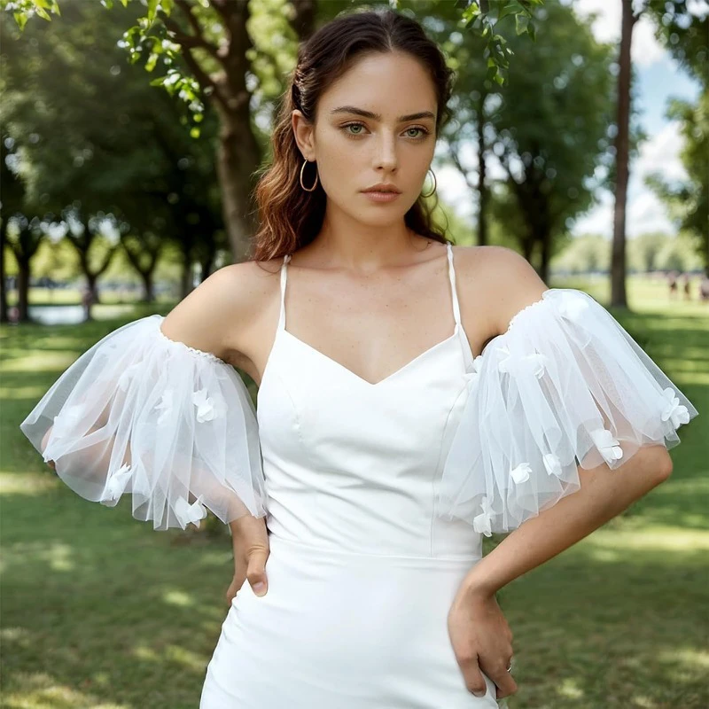 

Bridal Mesh Elastic Fluffy Arm Sleeves Removable Floral Sheer Gloves Tulle Bubble Sleeves Wedding Dress Photography Accessories