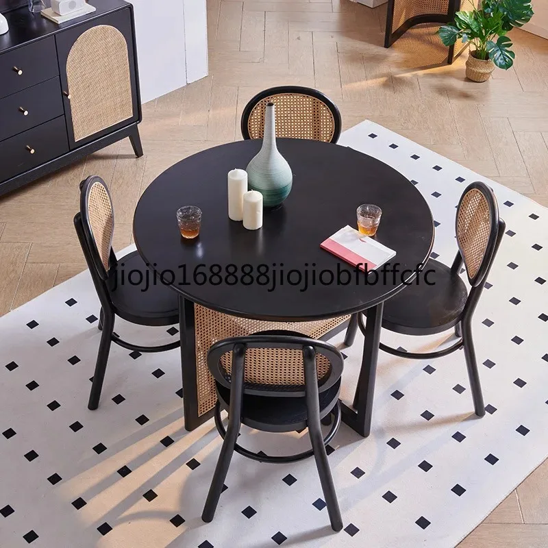 Suitable for Nordic rattan solid wood dining table black small apartment simple hotel restaurant dining chair round table combin