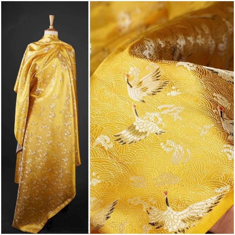 Golden Crane Jacquard Brocade Fabric Traditional Chinese Hanfu Tang Suit Coat Luxurious Satin Material Ethnic Clothing Design