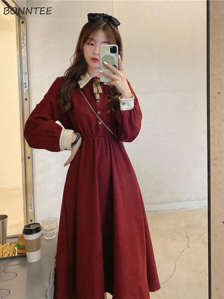 Dresses Women Defined Waist Korean Fashion Turn-down Collar A-line Temperament Bow Design Vestidos Vintage Popular Female Trendy