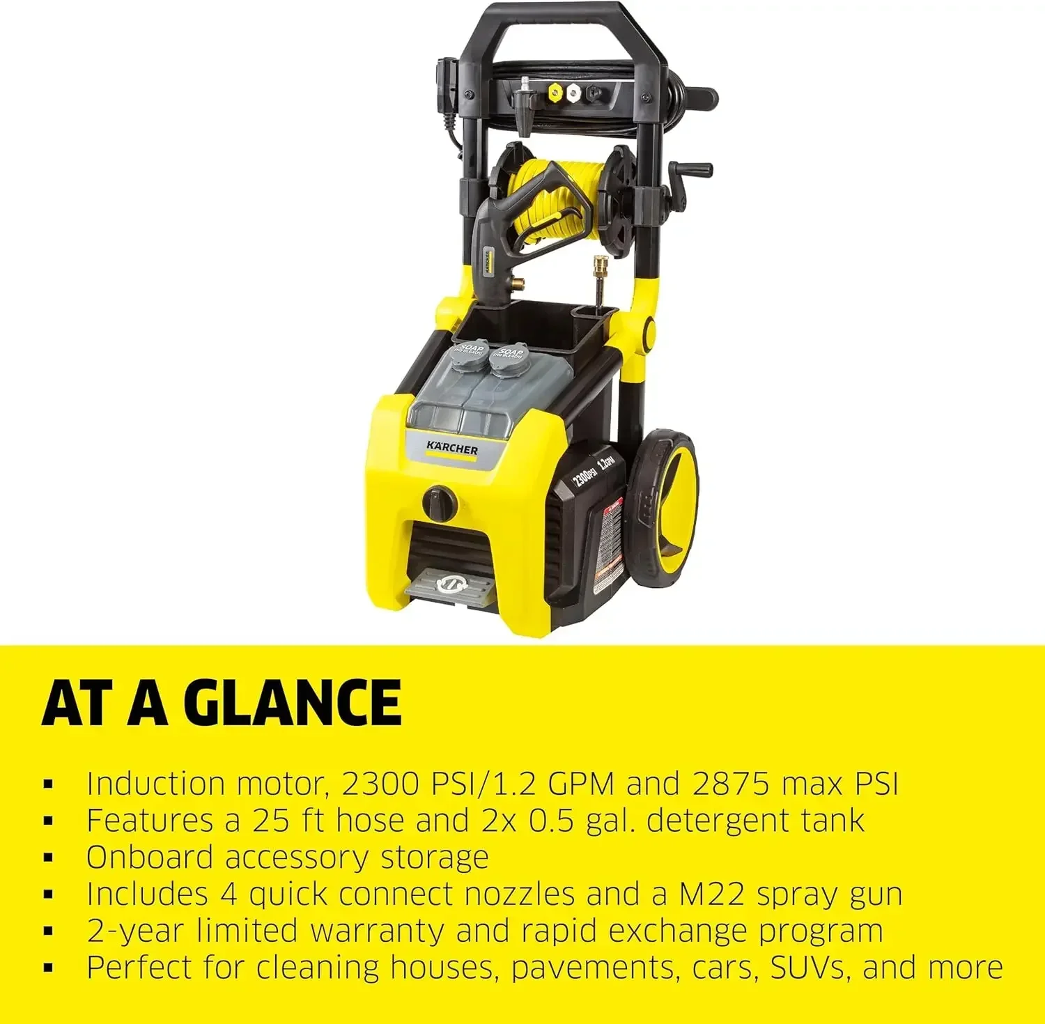 K2300PS Max 2875 PSI Electric Pressure Washer with 4 Spray Nozzles - Great for cleaning Cars, Fencing and more - 1.2 GPM