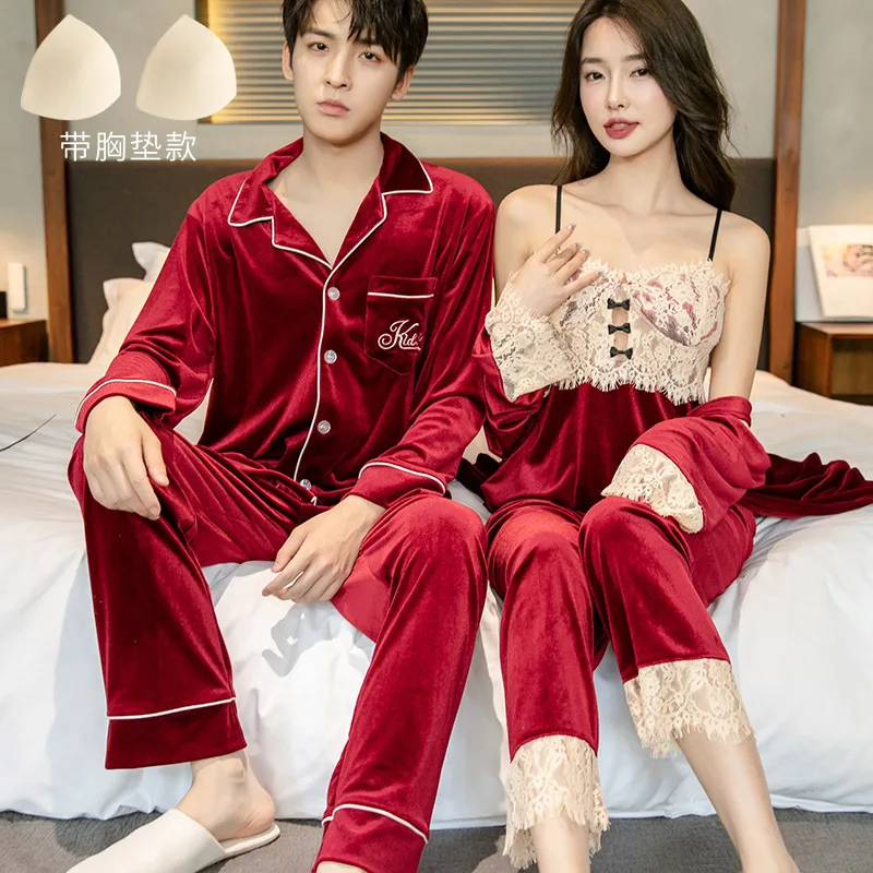 Couple Velvet Pajamas Suit Velour Men Shirt Pant 2Pcs Nightwear Women Robe Sling Pants 3Pcs  Autumn Lovers Sleepwear Homewear