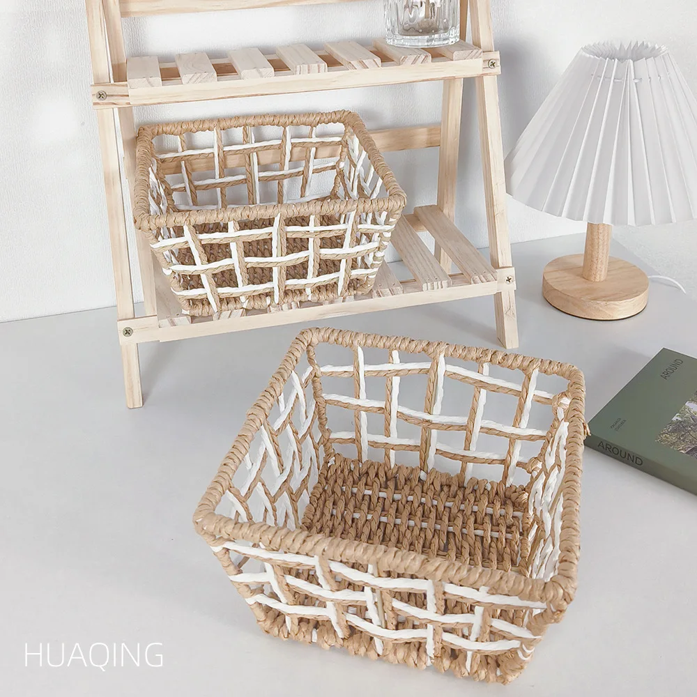

Handwoven Paper Rope Storage Basket, Multi-Purpose Snack & Cosmetic Organizer, Decorative Wire Frame Bin for Home Office
