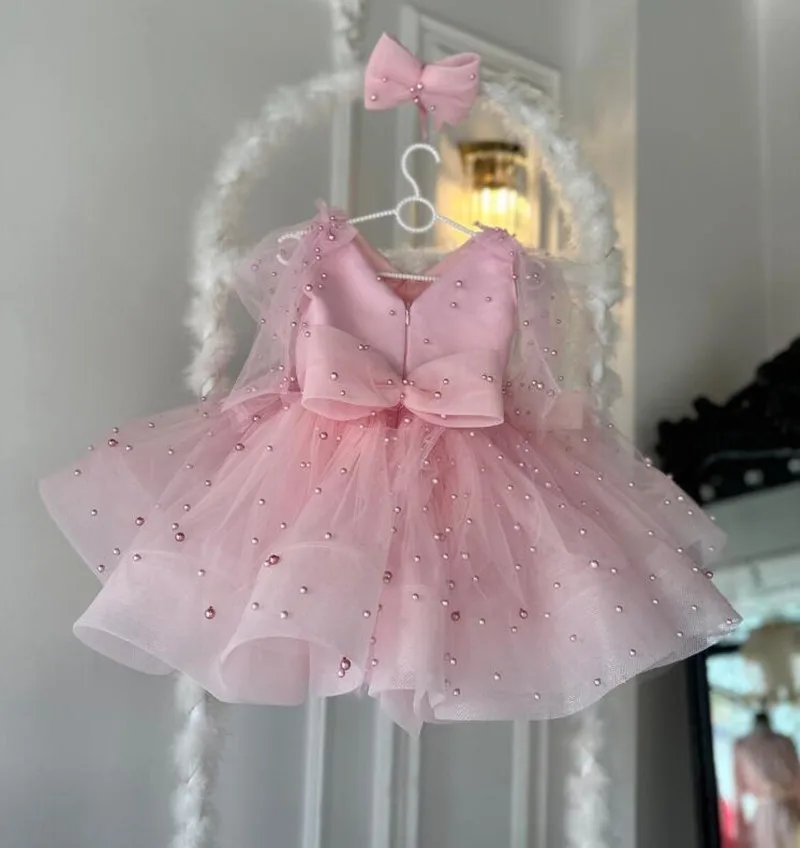 Vestido de manga larga con lazo para niña, vestido de fiesta de primer cumpleaños con cuello en V