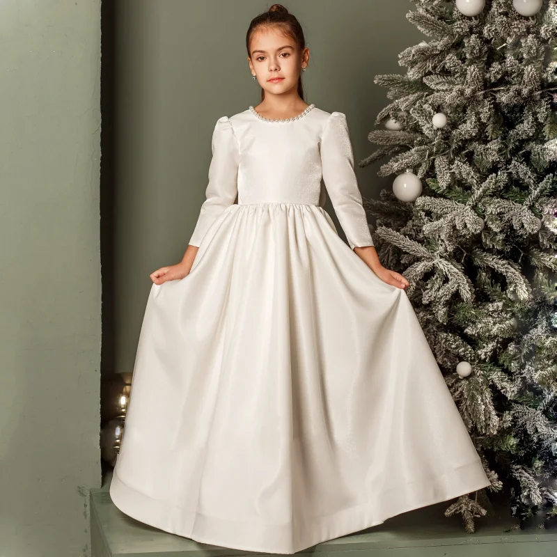 

Customized Flower Girl Dresses Ivory Satin With Pearls Neck With Bow Long Sleeve For Wedding Birthday Party Holy Communion Gowns
