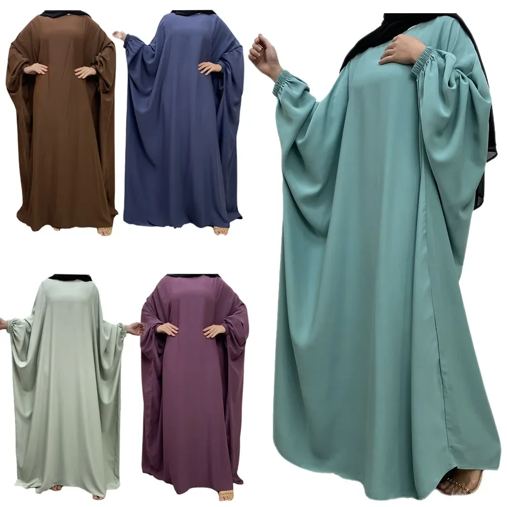 Muslim One Piece Robe Prayer Abaya Dress Batwing Sleeves Women Islamic Clothing Dubai Saudi Turkish Modesty Casual Hijab Robe