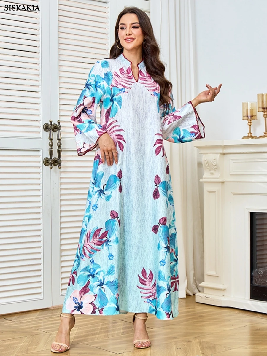 Siskakia Fashion Muslim Elegant Floral Print Abaya Dubai Moroccan Women Clothes 2025