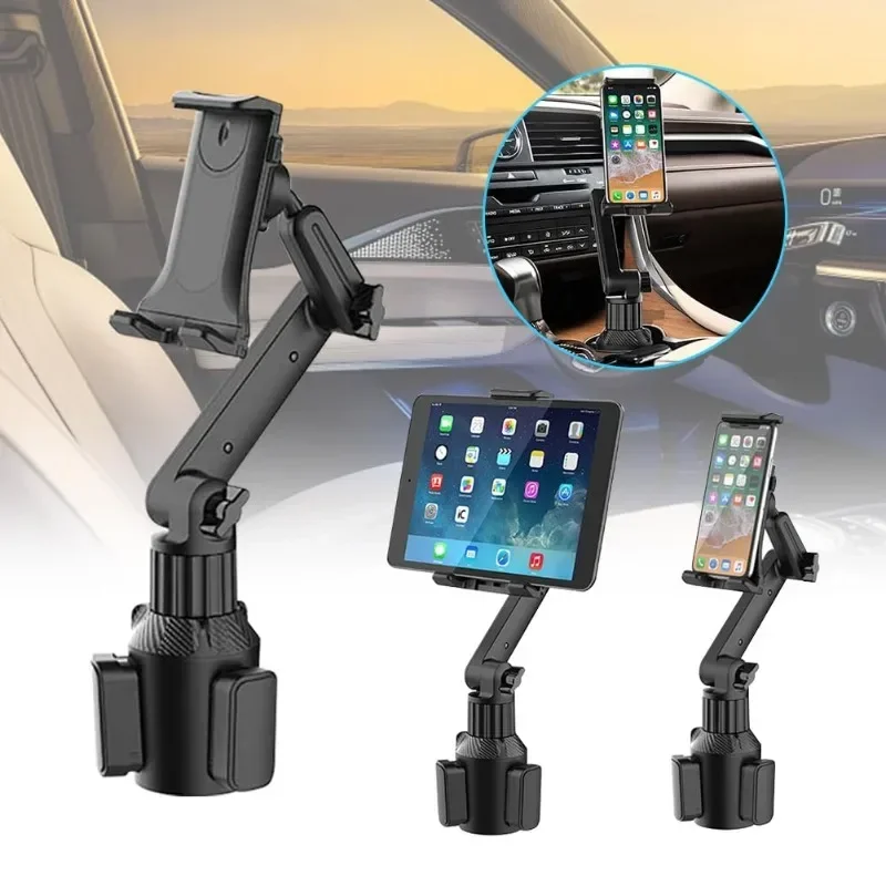Car Cup Holder Tablet & Phone Mount with Heavy Duty Base - Adjustable Holder for Tablets 4-13in & All Cellphones