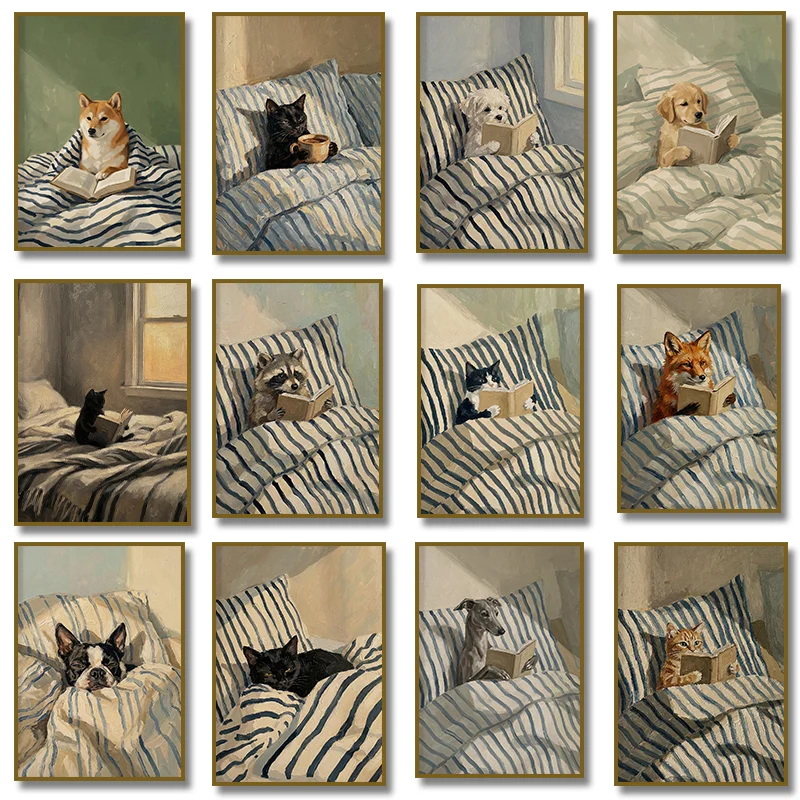 Cute Dog Fox Raccoon Reading Book in Bed Poster Black Cat Drinking Coffee Canvas Painting Wall Art Print Illustration Home Decor