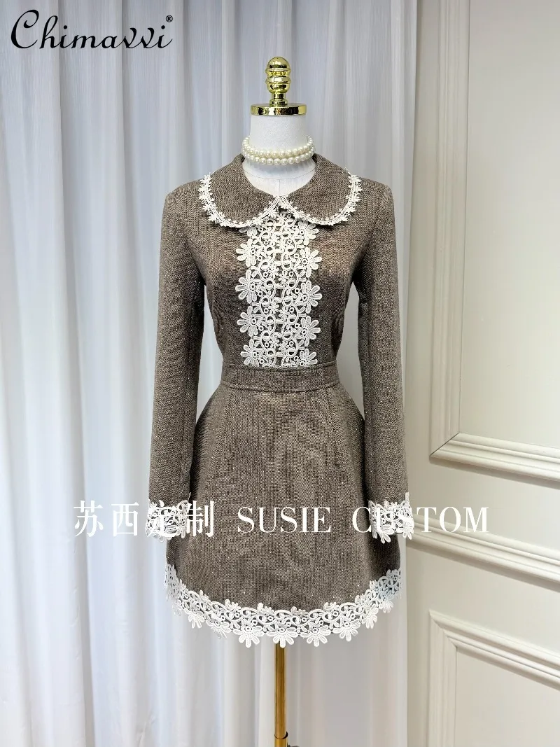 

High-End Fashion Lace Embroidery Doll Collar Waist-Cinching A-Line Dress Spring New Heavy Rhinestone Tweed Vintage Elegant Dress