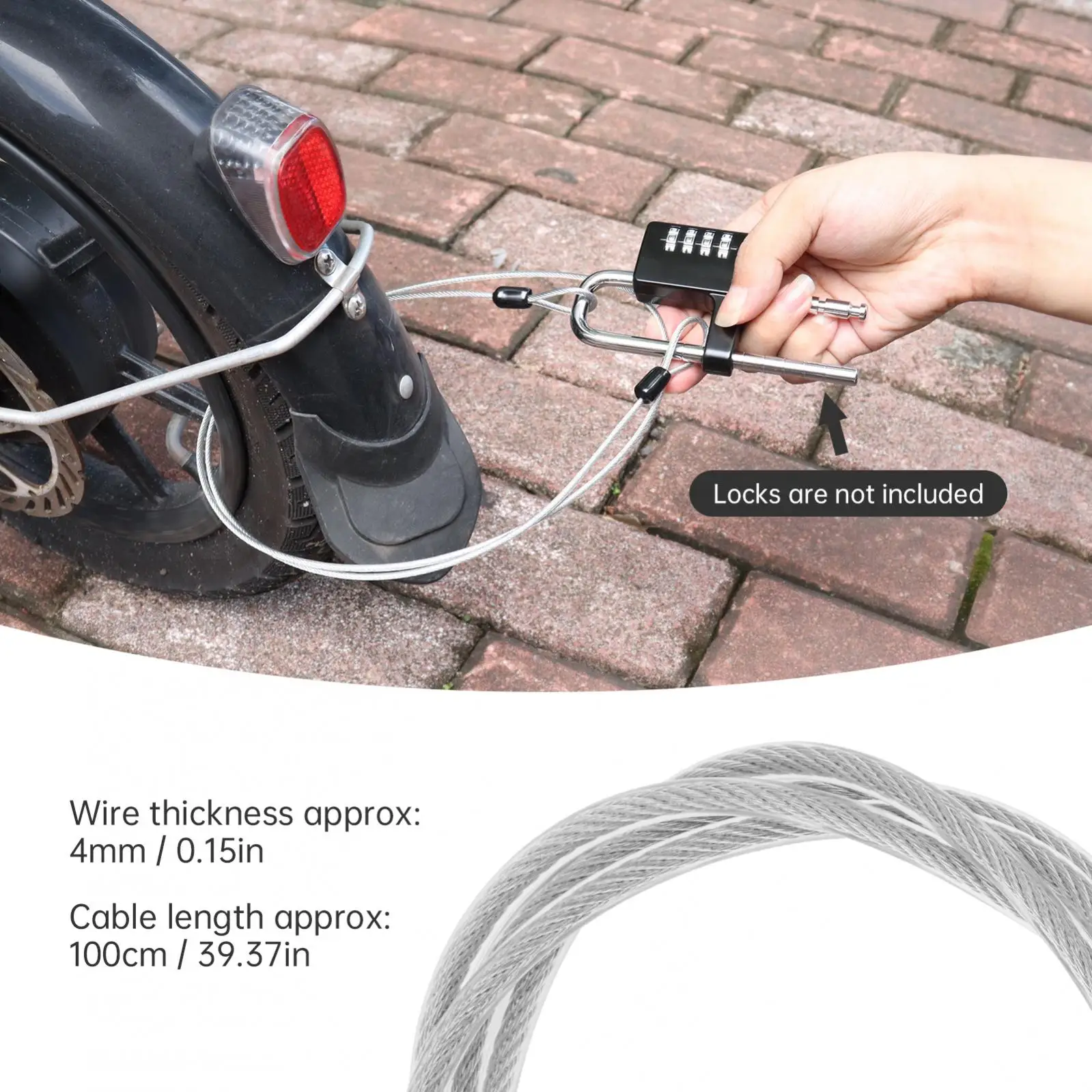 4 mm 100 cm/39 Zoll Stahlkabel-Fahrradschloss mit Doppelschlaufen, Mini- und tragbares Kabelschloss mit PVC-Abdeckung – Detail 9
