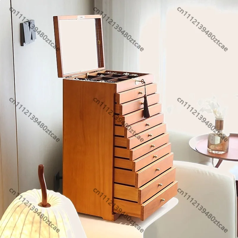 Solid Wood Large Capacity Jewelry Box with Lock Multifunctional Mirror Jewelry Case Casket