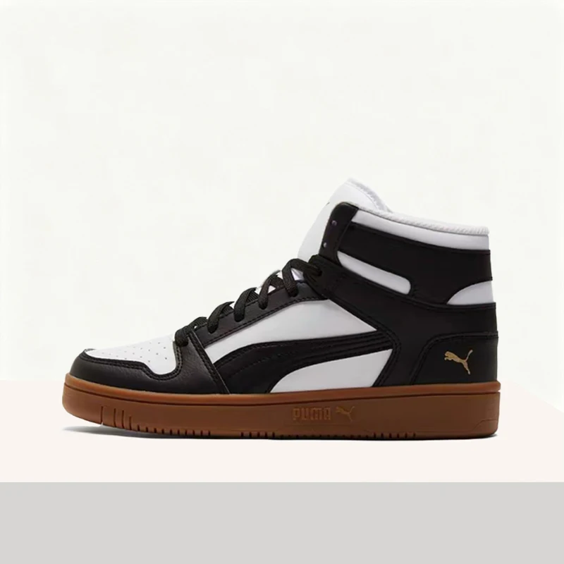 Puma Rebound Joy Retro Minimalist Durable and Slip-Resistant Mid-Top Sneakers (Unisex) in White, Black, and Gold  369573-25