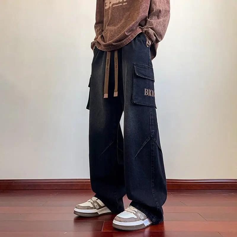 Baggy Straight Cargo Denim Pants Men Loose Fit Washed Vintage Jeans Multi Pocket High Street Streetwear Trousers