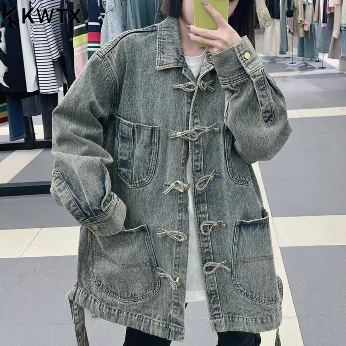 

KWTX Light Blue Vintage Denim Jacket Mid-Length Street Style Lapel Frog Closure Pockets Spring Autumn Chic Premium New Arrival