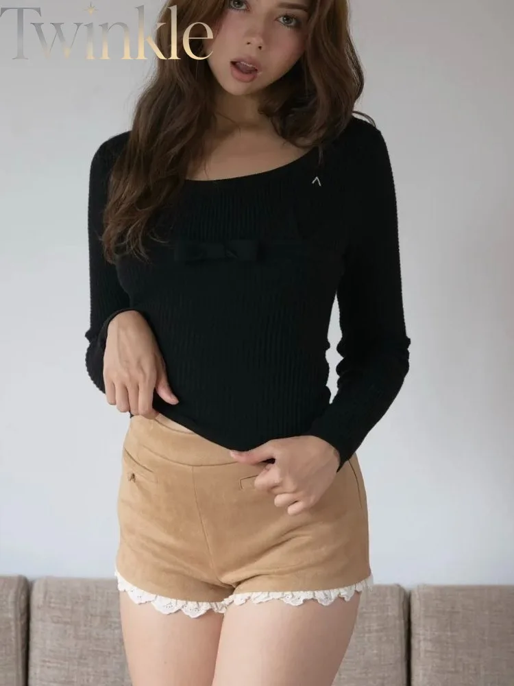 Japanese Fashion Bow Detail Waffle Knit Top Wide Neckline Slim Fit Coquette Aesthetic Sweet Girly Long Sleeve Shirt