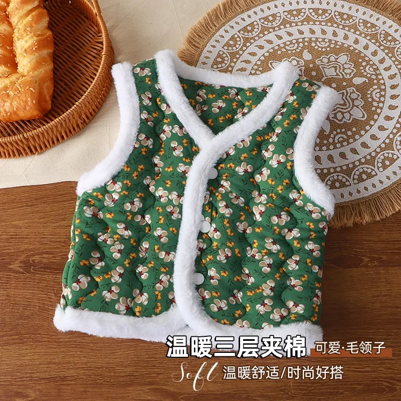 New Children\'s Vest Winter Baby Girl\'s Waistcoat Three-layer Thickened Outfit Fashion Whole Print Warm Outer Wear 5-day Shipping