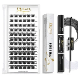 Quewel Cluster Lashes 72Pcs Wide Stem Individual Lashes C/D Curl 8-16mm Bond and Seal Lash Cluster Glue Long Lasting Latex Free