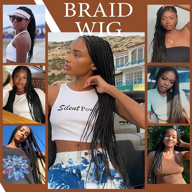 Parrucca intrecciata in pizzo pieno da 36 pollici parrucca lunga sintetica per le donne parrucca Glueless intrecciata con tre Cornrow neri naturali