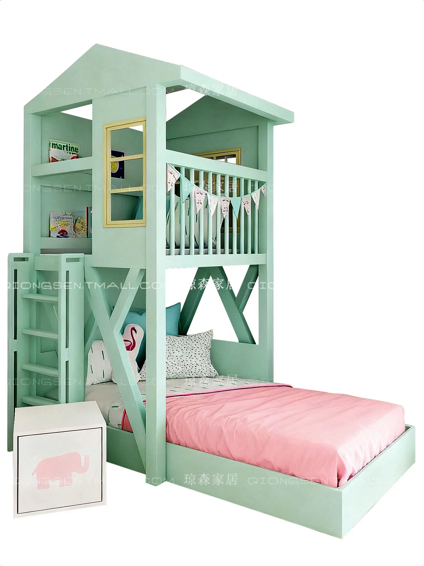 Solid wood bed under the game area, children's room secret base, solid wood staggered bunk bed