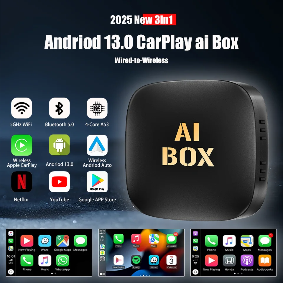 

2025 New Android13 Ai Box 3in1 Apple Carply & Andriod Auto Wired to Wireless Adapter Built-in Netflix YouTube Google Play Store