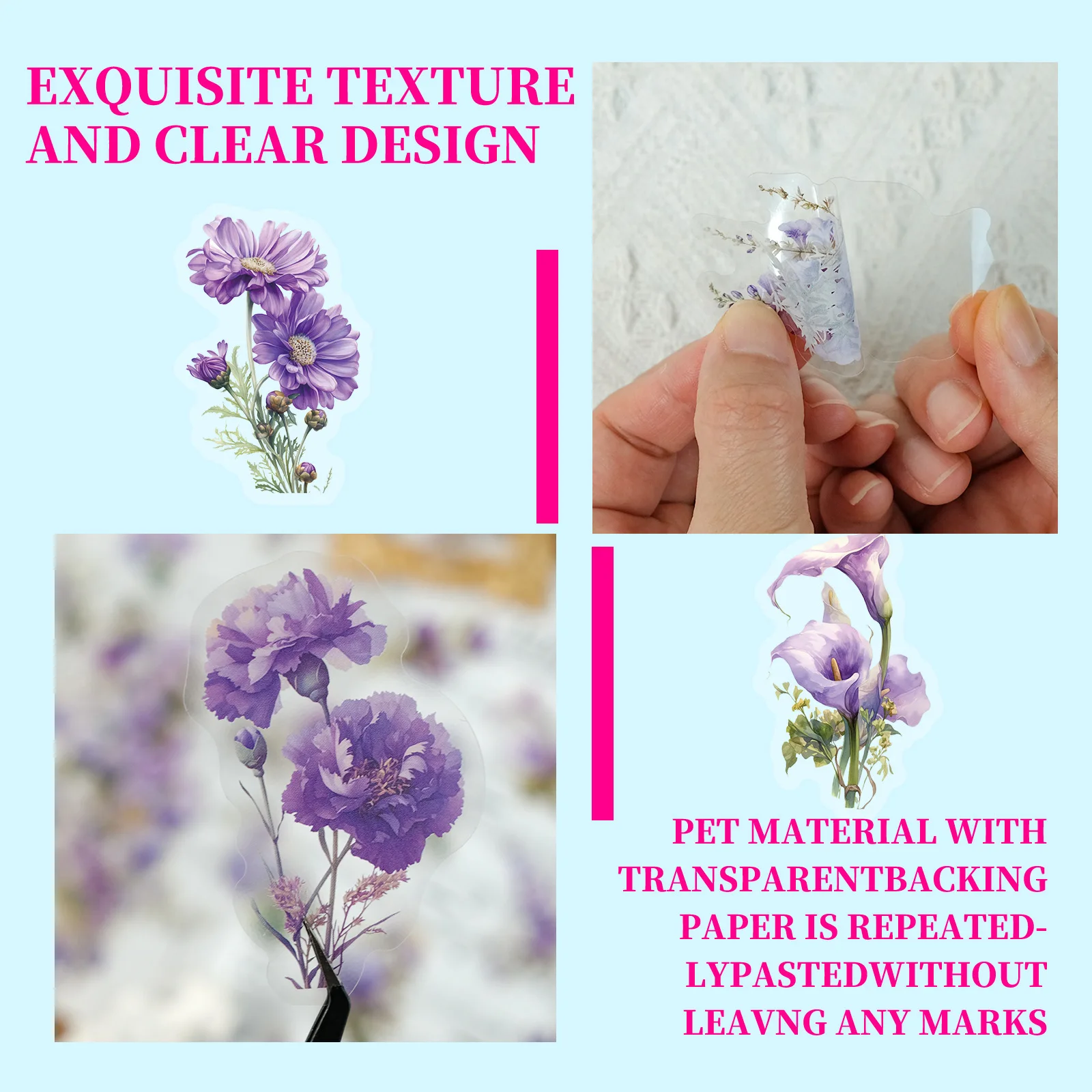 50 PCS Romantic Purple Flower Transparent Waterproof Stickers DIY Decoration Phone Case Water Bottle PET Stickers