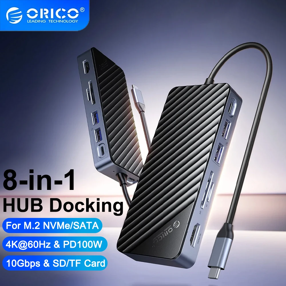 

ORICO USB C HUB with SSD Enclosure Laptop Docking Station M.2 NVME SATA NGFF SSD Enclosure with 4K HDMI 100W RJ45 SD/TF 10Gbps