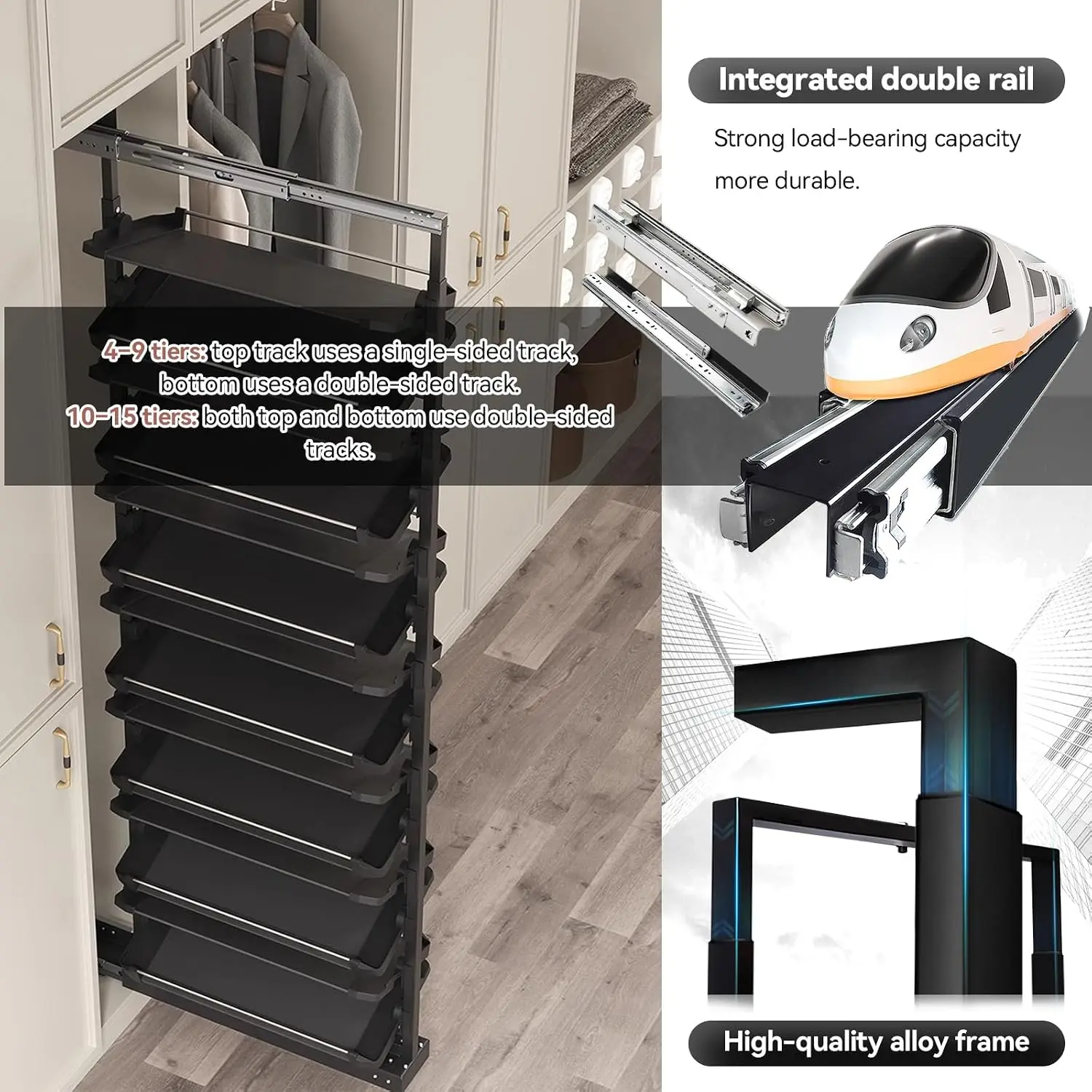 4-15 Tier Pull Out Shoe Rack, Vertical Organizer for Closet, Heavy Duty Slide Storage, Fits Depth 17.7