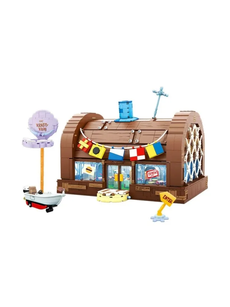 Klemmbausteine SpongeBob Schwammkopf Bausteine Cartoon Kreatives Krusty Krab Restaurant mit 6 Figuren Montagemodell SpongeBob Bausteine Puzzle Kreatives Spielzeug Geschenk