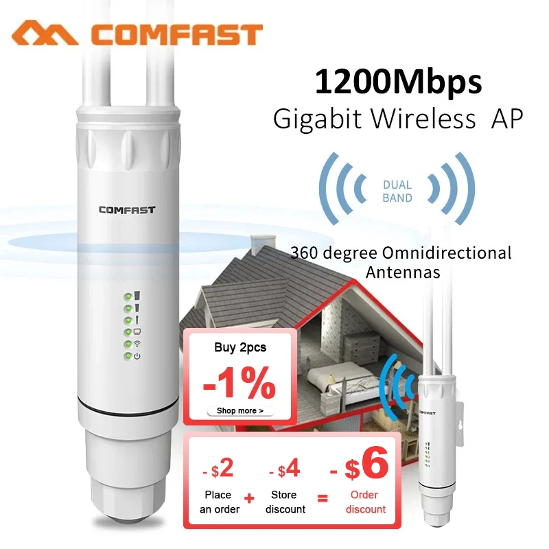 Comfast High Power AC1200 Открытый беспроводной повторитель Wi-Fi AP Маршрутизатор 1200 Мбит/с Dual Dand 2,4G 5 ГГц Антенна удлинителя Wi-Fi