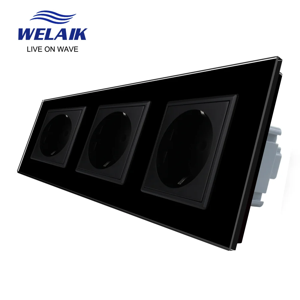 WELAIK 3Frame EU Wall Socket 220V 16A Russia Germany European Standard  Tempered Glass Panel Safety Wall Power Socket  A38E8E8EW